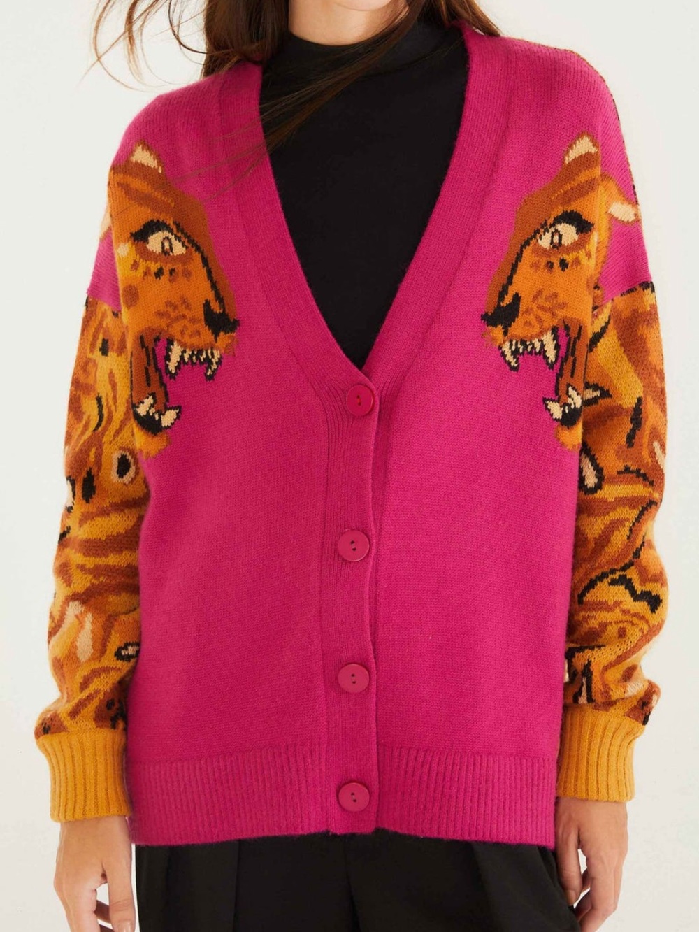 FARM Rio Intarsia Tiger Colorblock Cardigan Size Medium NWOT
